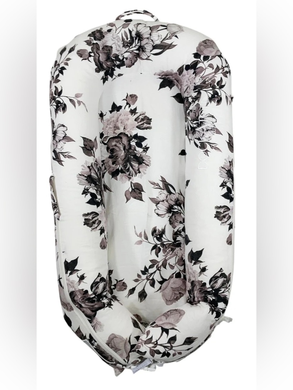 DockATot Floral Lounger Cover in White with Black & Taupe Roses